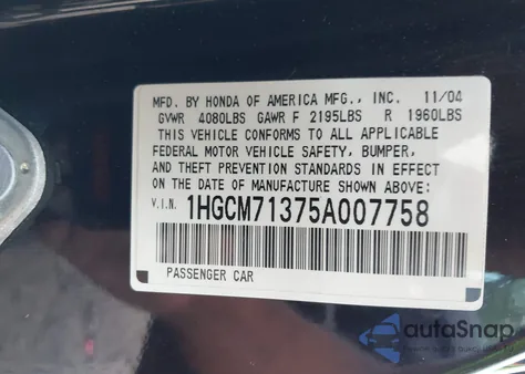 2005 Honda Accord 2.4 Lx from USA, damaged, VIN 1HGCM71375A007758